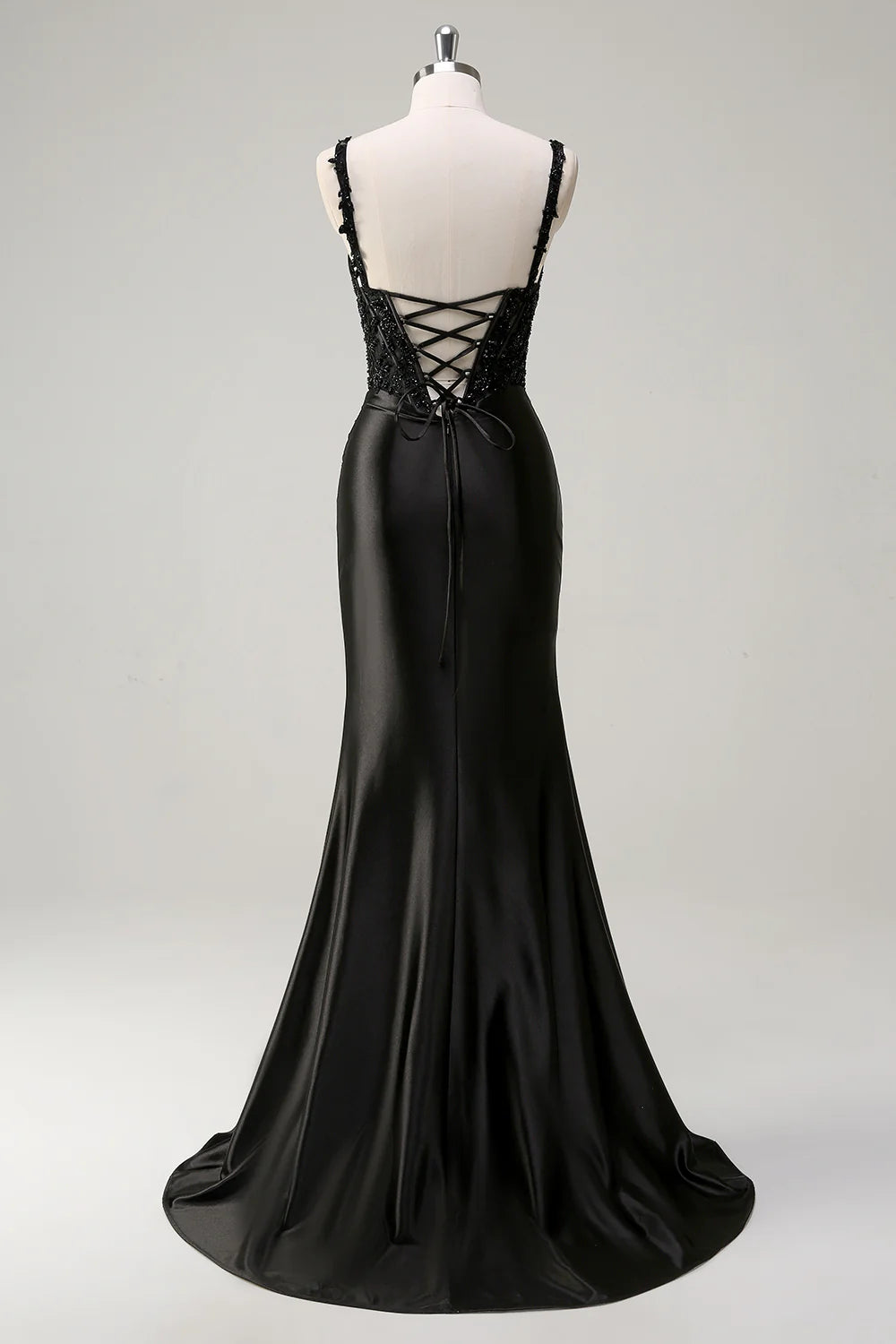 Black Beaded Lace-Up Back Spaghetti Strap Ruched High Slit Satin Mermaid Maxi Evening Dresses