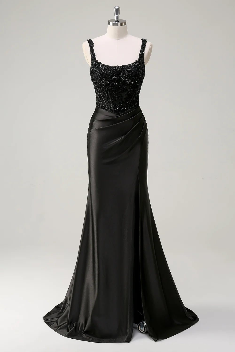 Black Beaded Lace-Up Back Spaghetti Strap Ruched High Slit Satin Mermaid Maxi Evening Dresses