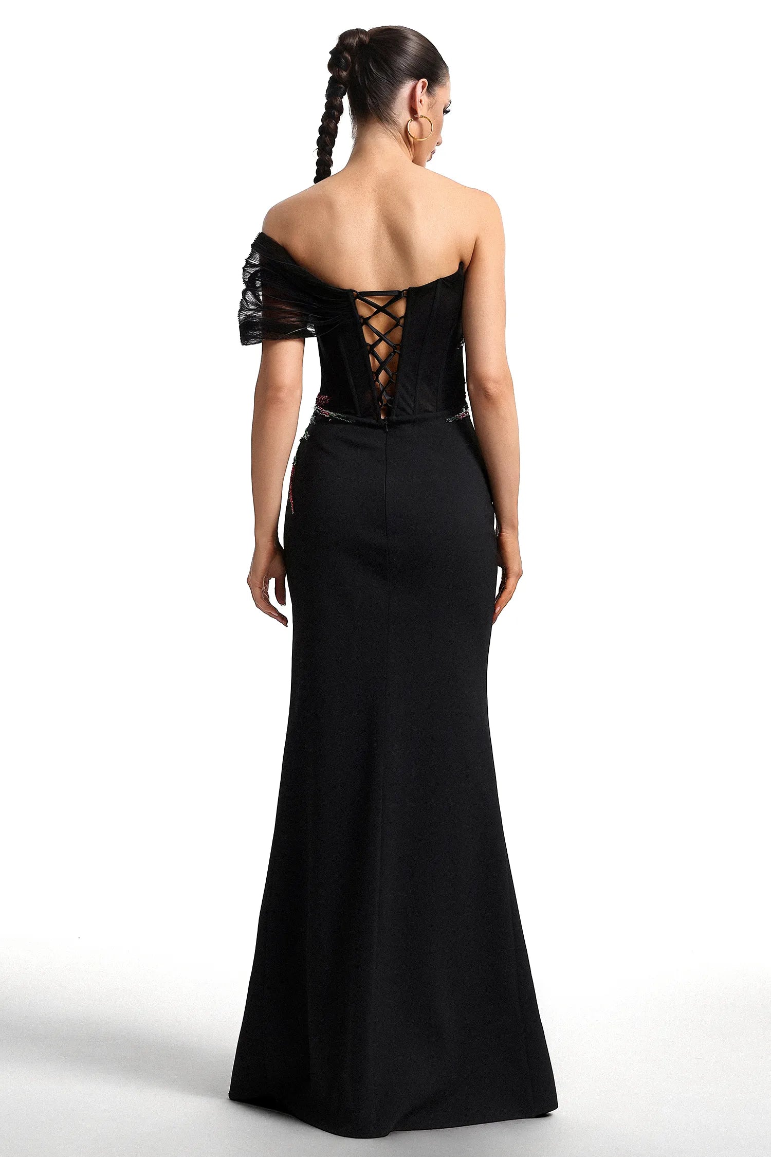 Black Beaded Off-the-Shoulder Mermaid Maxi Evening Dresses