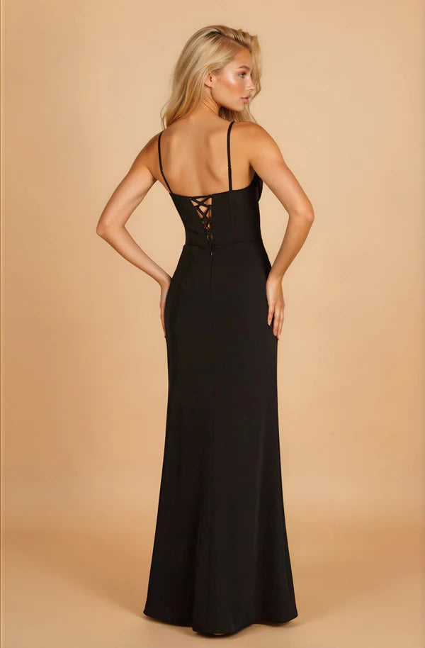 Black Beaded Spaghetti Strap Corset Lace-Up Back Slit Maxi Evening Dresses