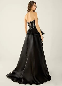 Black Beaded Strapless Ruffle A-Line Evening Dresses
