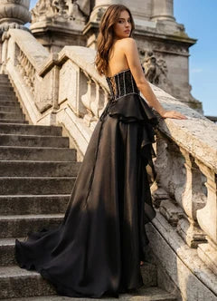 Black Beaded Strapless Ruffle A-Line Evening Dresses