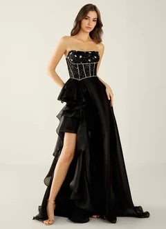 Black Beaded Strapless Ruffle A-Line Evening Dresses