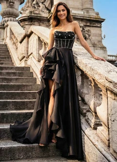 Black Beaded Strapless Ruffle A-Line Evening Dresses