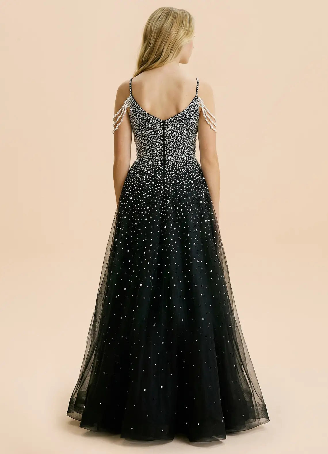 Black Beaded Tulle A-Line Evening Dresses