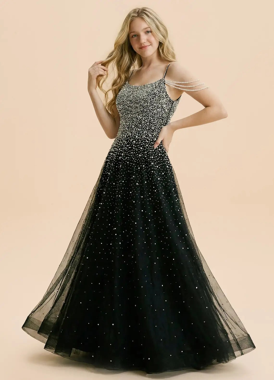 Black Beaded Tulle A-Line Evening Dresses