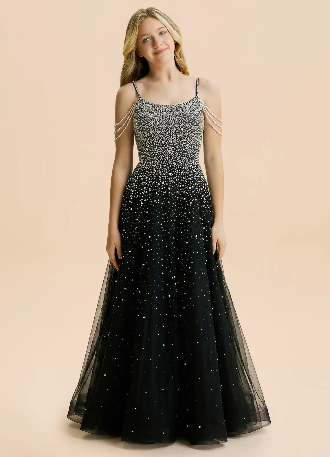 Black Beaded Tulle A-Line Evening Dresses