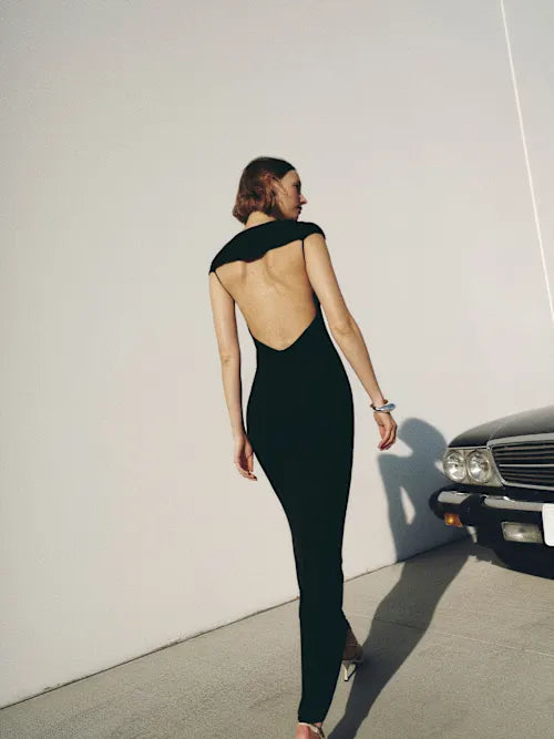 Black Cap Sleeve Open Back Maxi Prom Dress