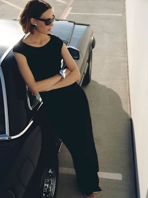 Black Cap Sleeve Open Back Maxi Prom Dress