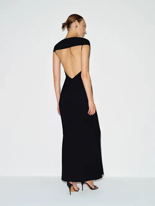 Black Cap Sleeve Open Back Maxi Prom Dress