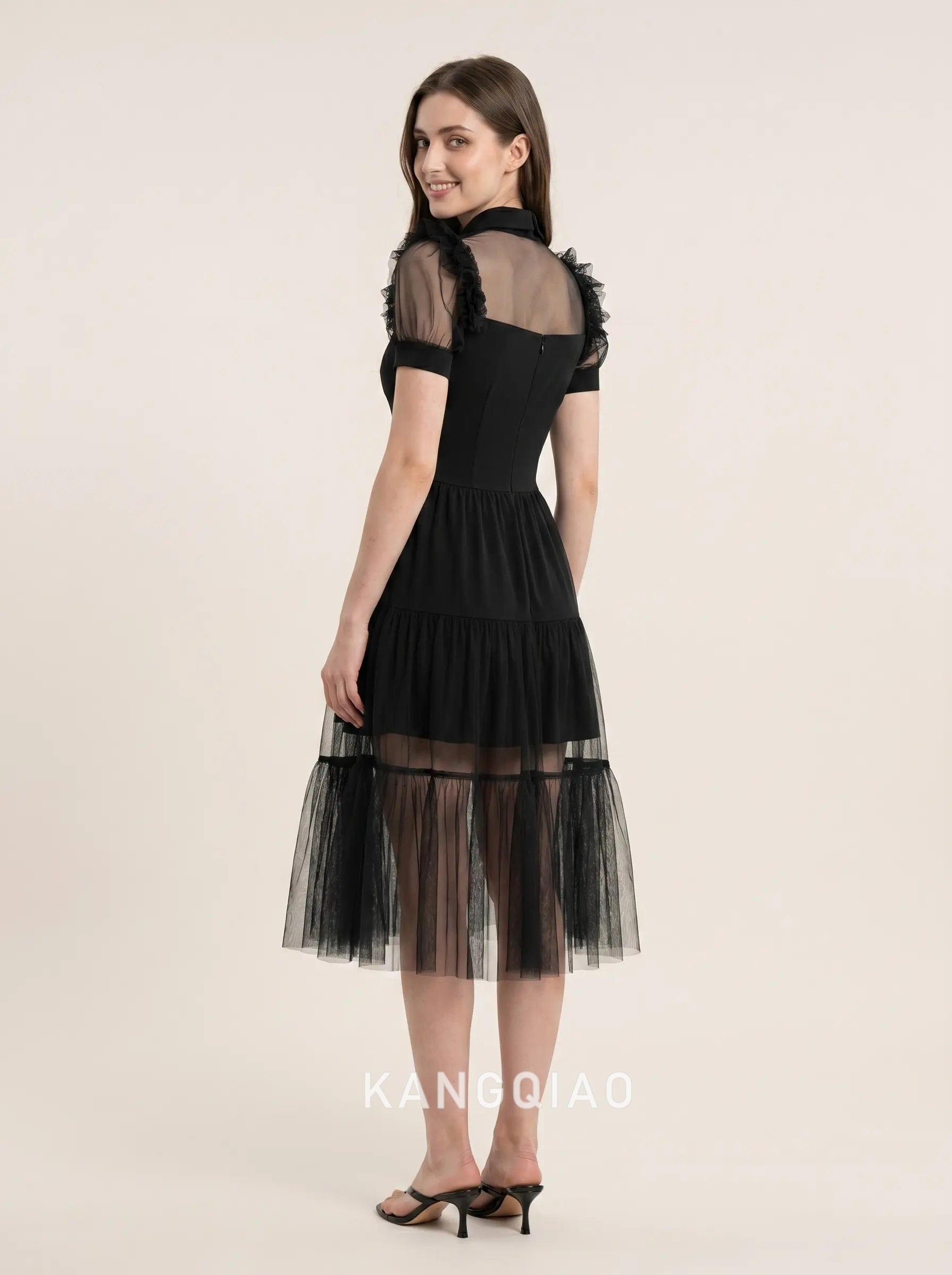 Black Collared Neck Short Puff Sleeve Tiered Sheer Tulle A Line Midi Formal Evening Prom Dress