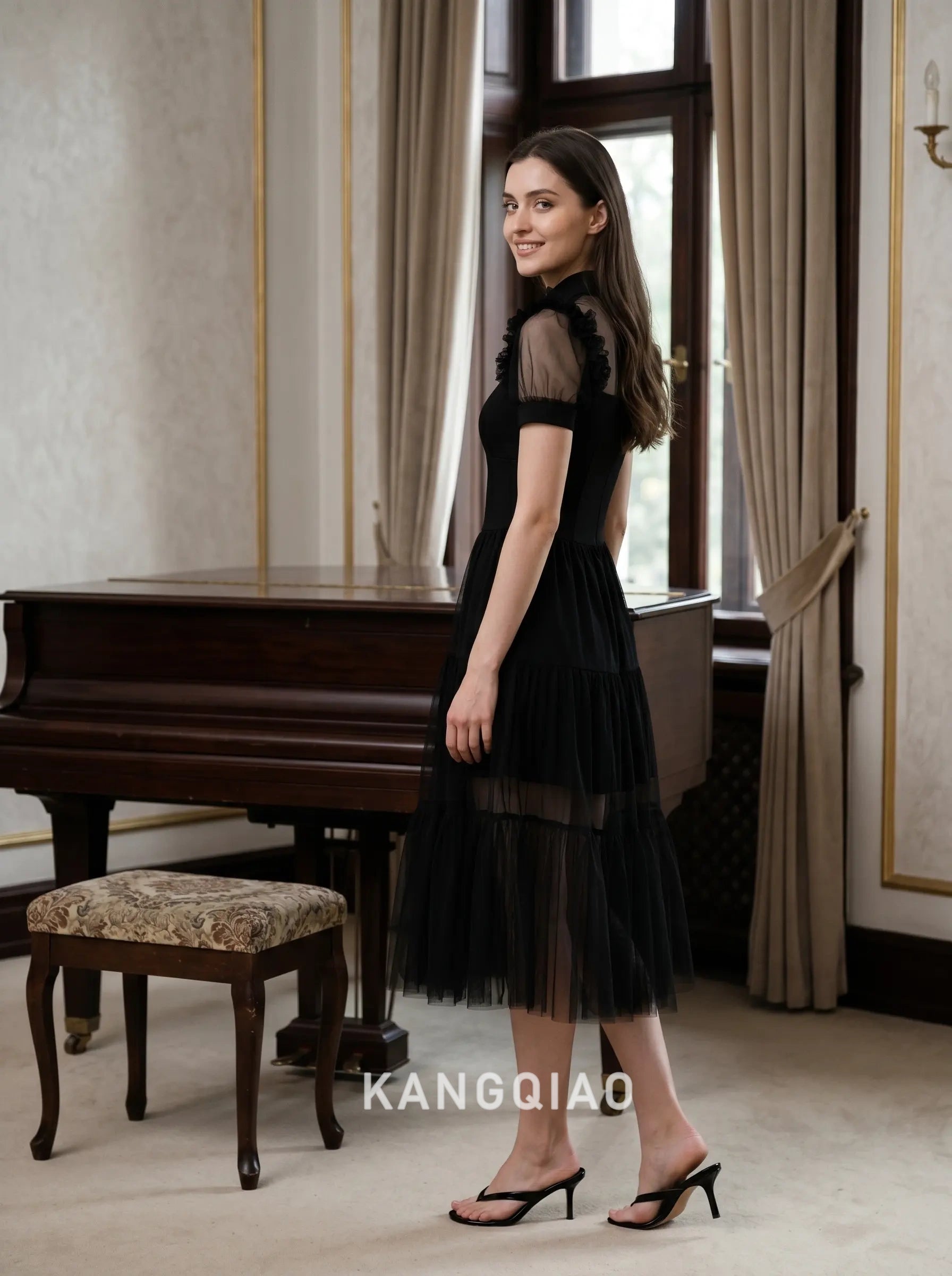 Black Collared Neck Short Puff Sleeve Tiered Sheer Tulle A Line Midi Formal Evening Prom Dress