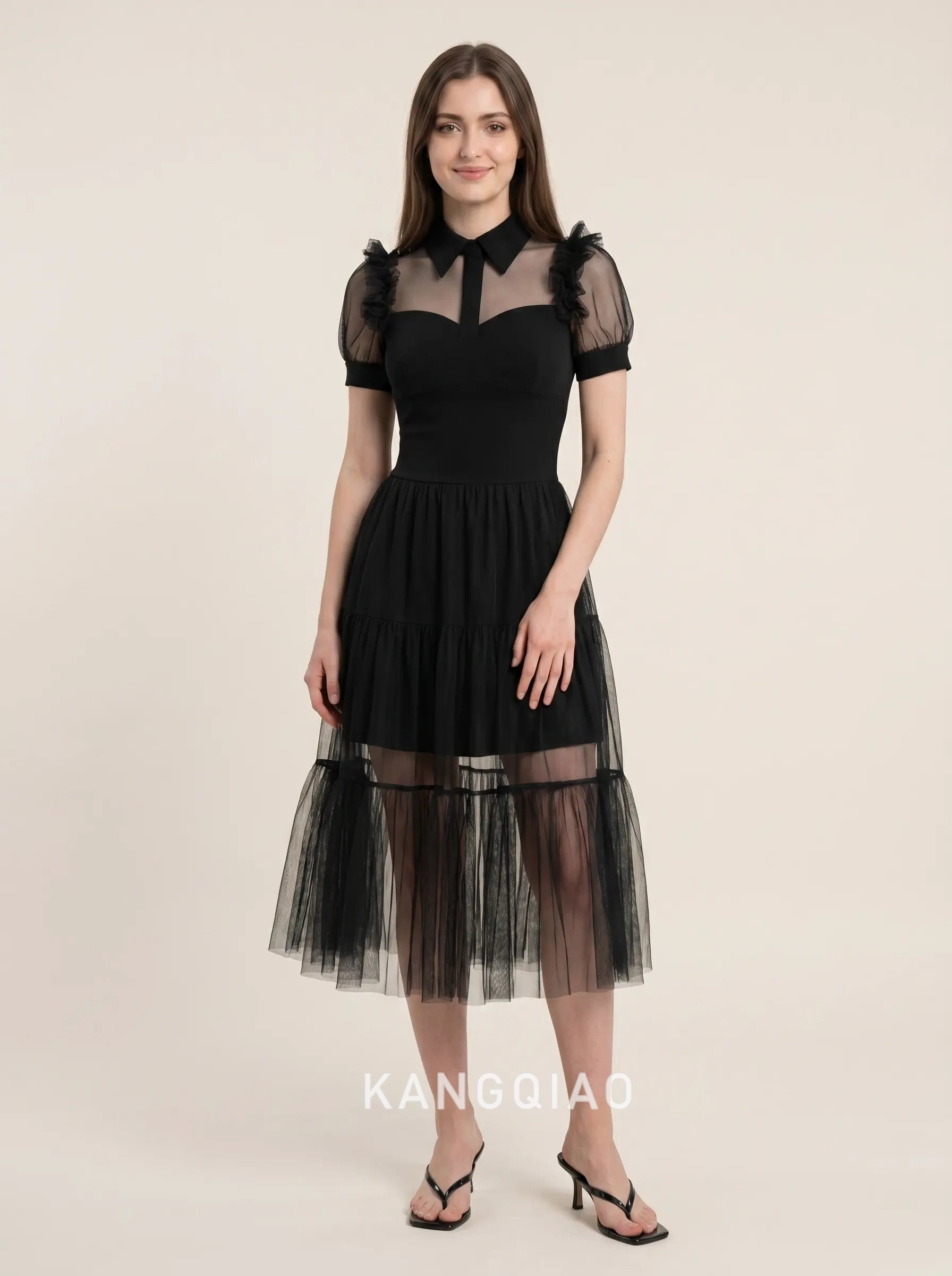 Black Collared Neck Short Puff Sleeve Tiered Sheer Tulle A Line Midi Formal Evening Prom Dress