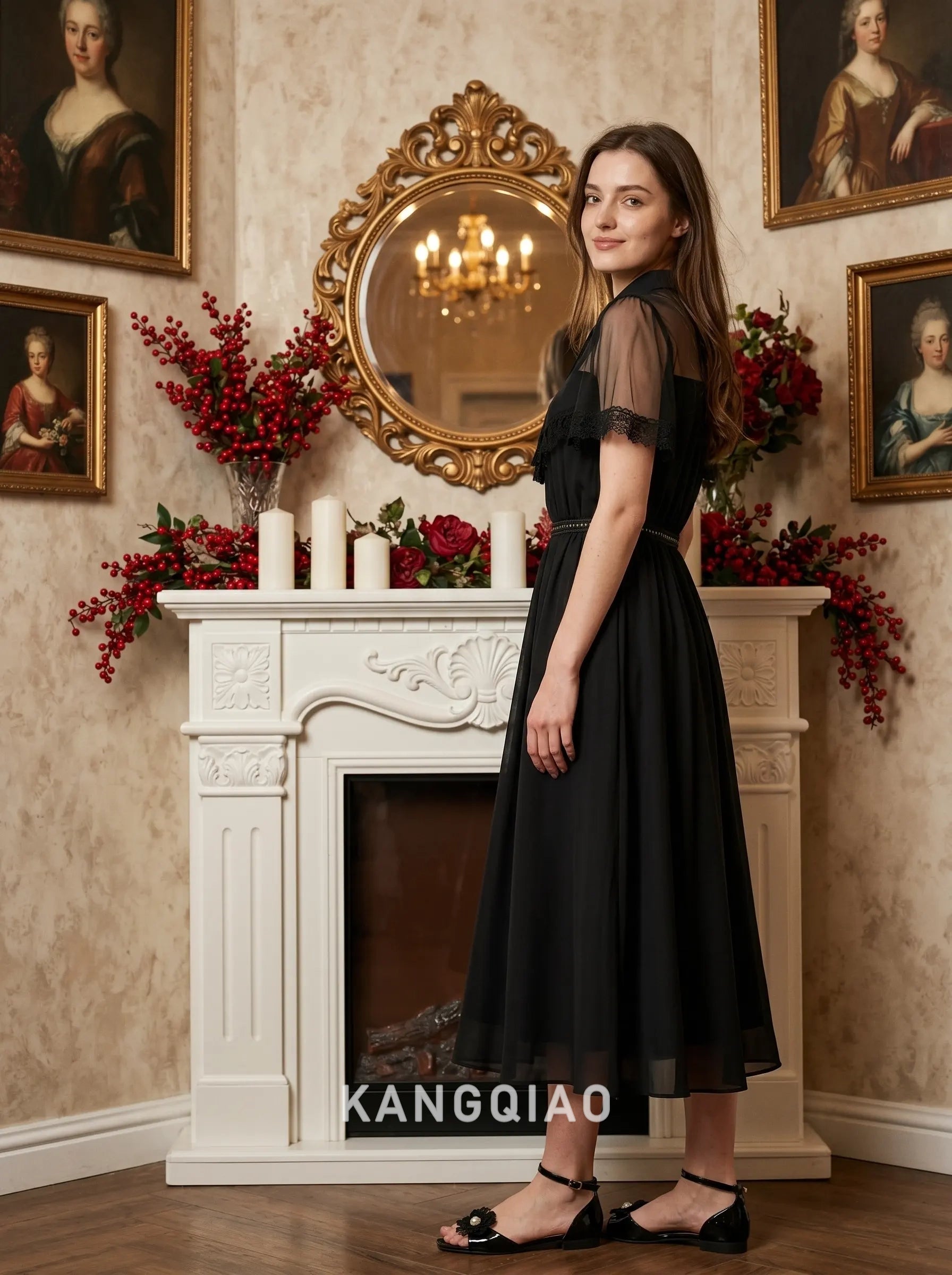 Black Collared Neck Short Sheer Lace Trimmed A Line Chiffon Midi Formal Evening Prom Dress