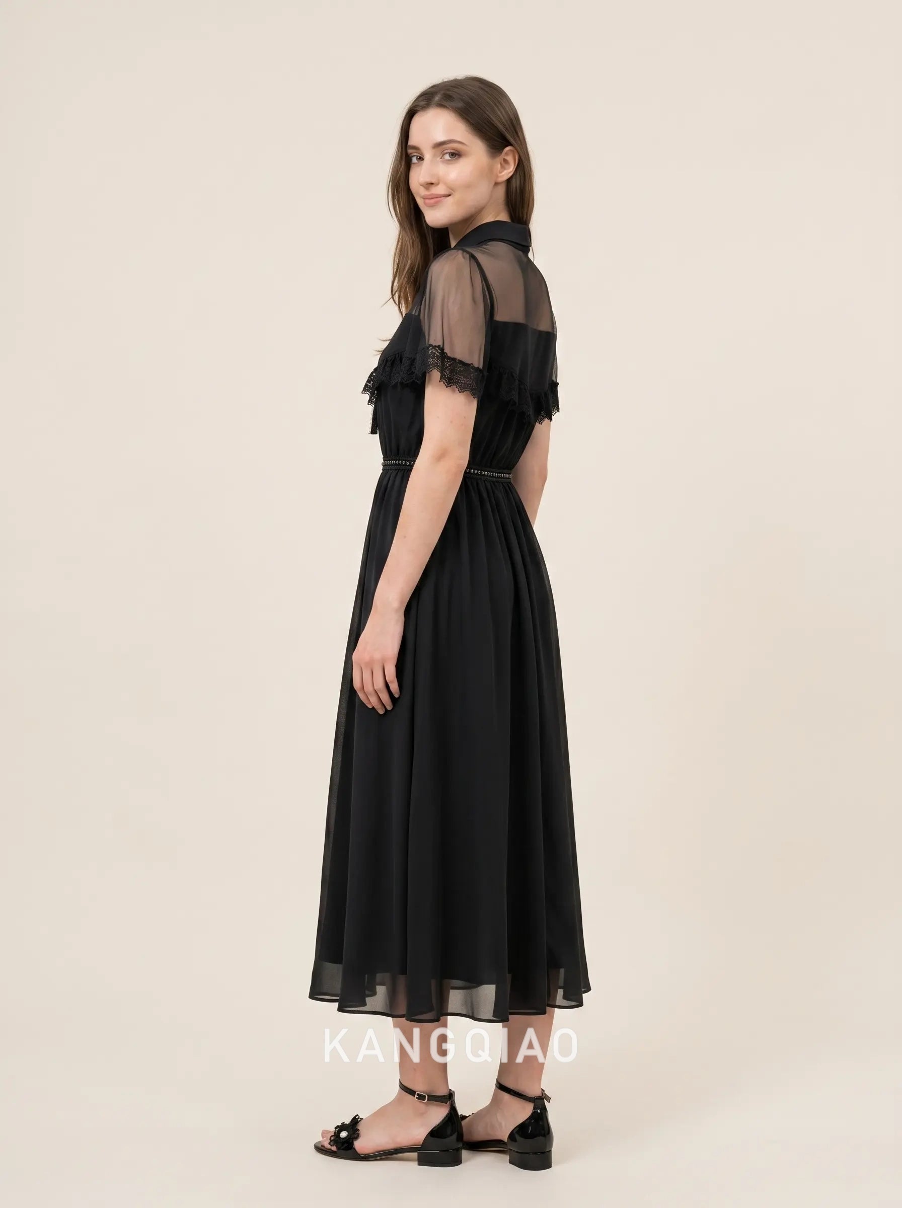 Black Collared Neck Short Sheer Lace Trimmed A Line Chiffon Midi Formal Evening Prom Dress