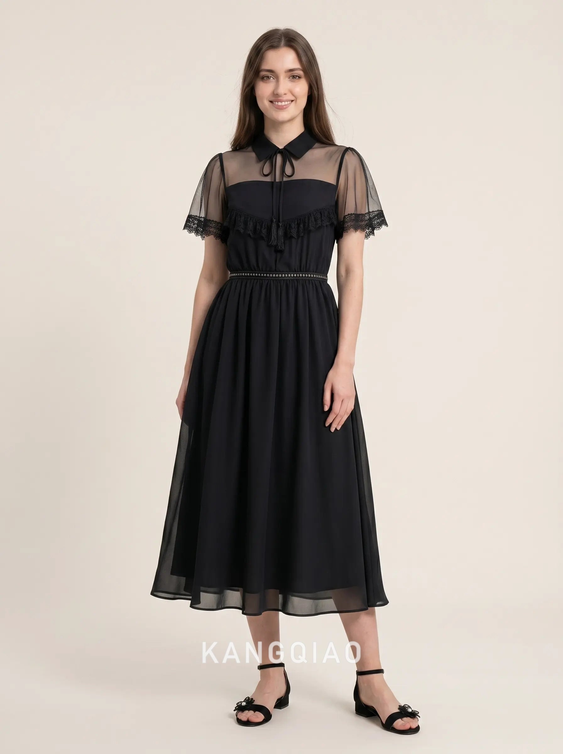 Black Collared Neck Short Sheer Lace Trimmed A Line Chiffon Midi Formal Evening Prom Dress