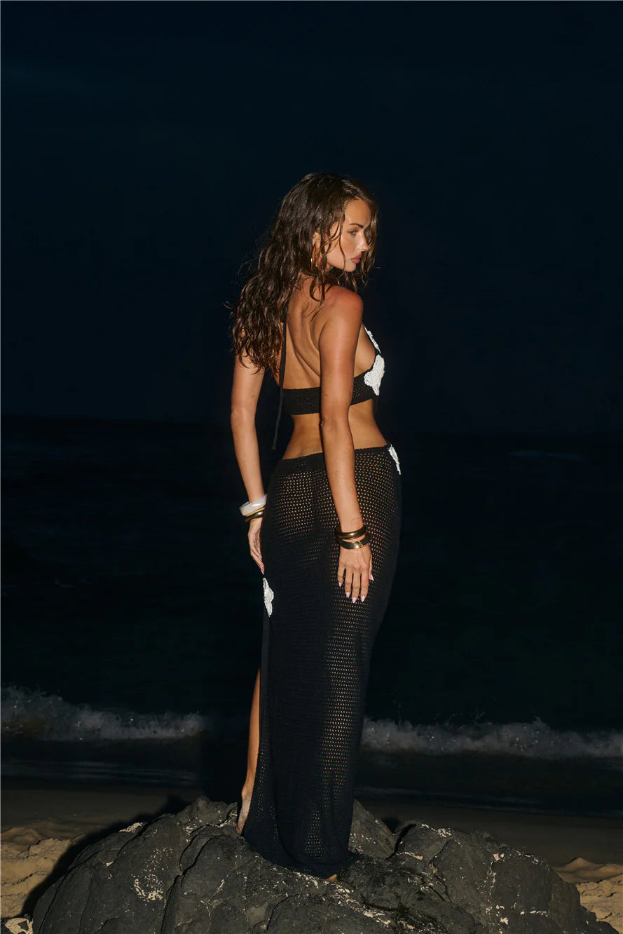 Black Crochet Floral Applique One-Shoulder Maxi Beach Dresses with Cutout & High Slit