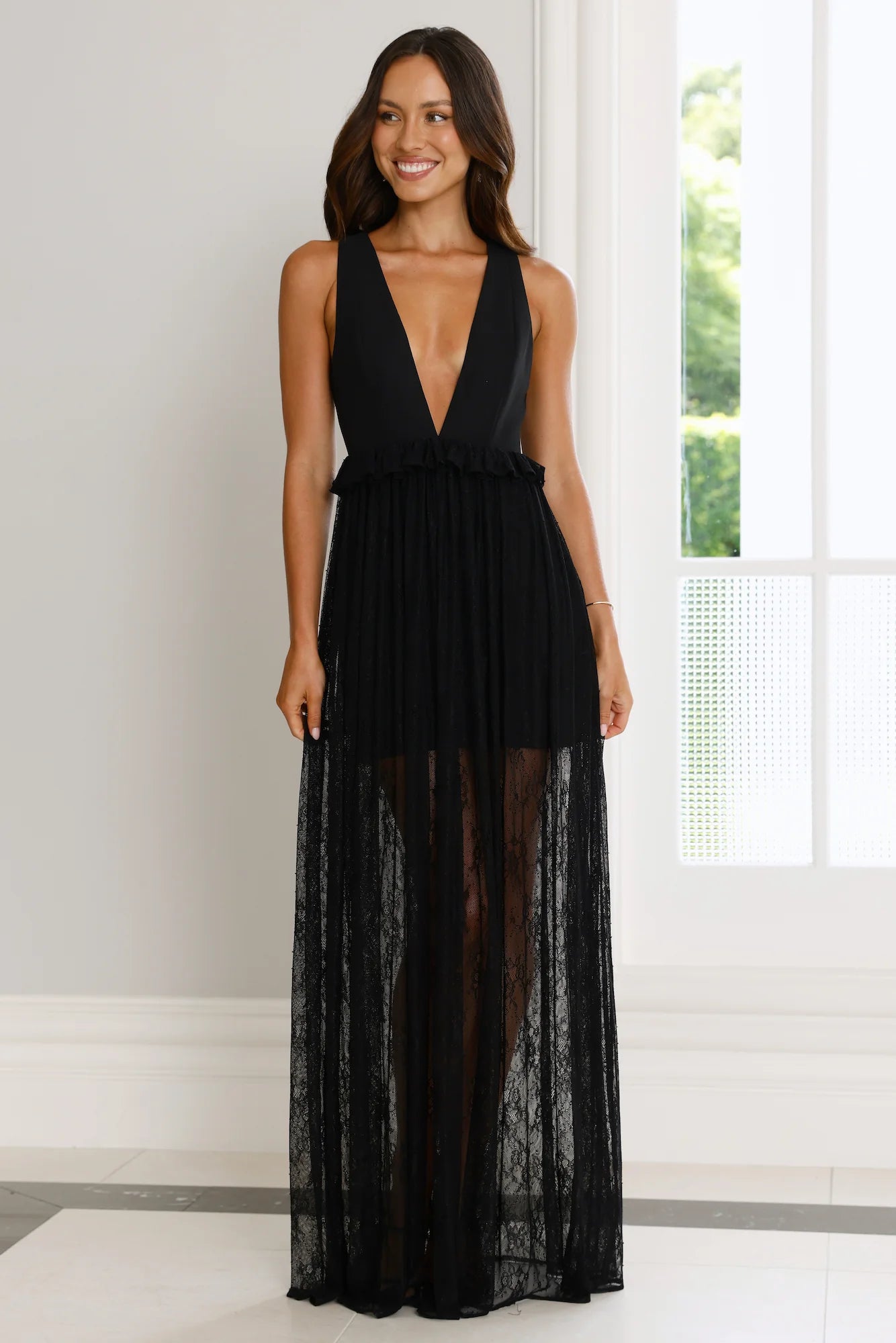 Black Deep V-Neck Lace Overlay Maxi Evening Dresses