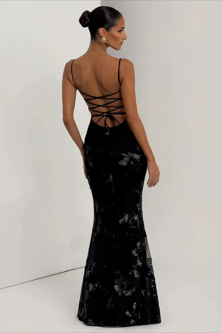Black Floral Embroidered Spaghetti Strap Lace-Up Back Mermaid Maxi Evening Dresses