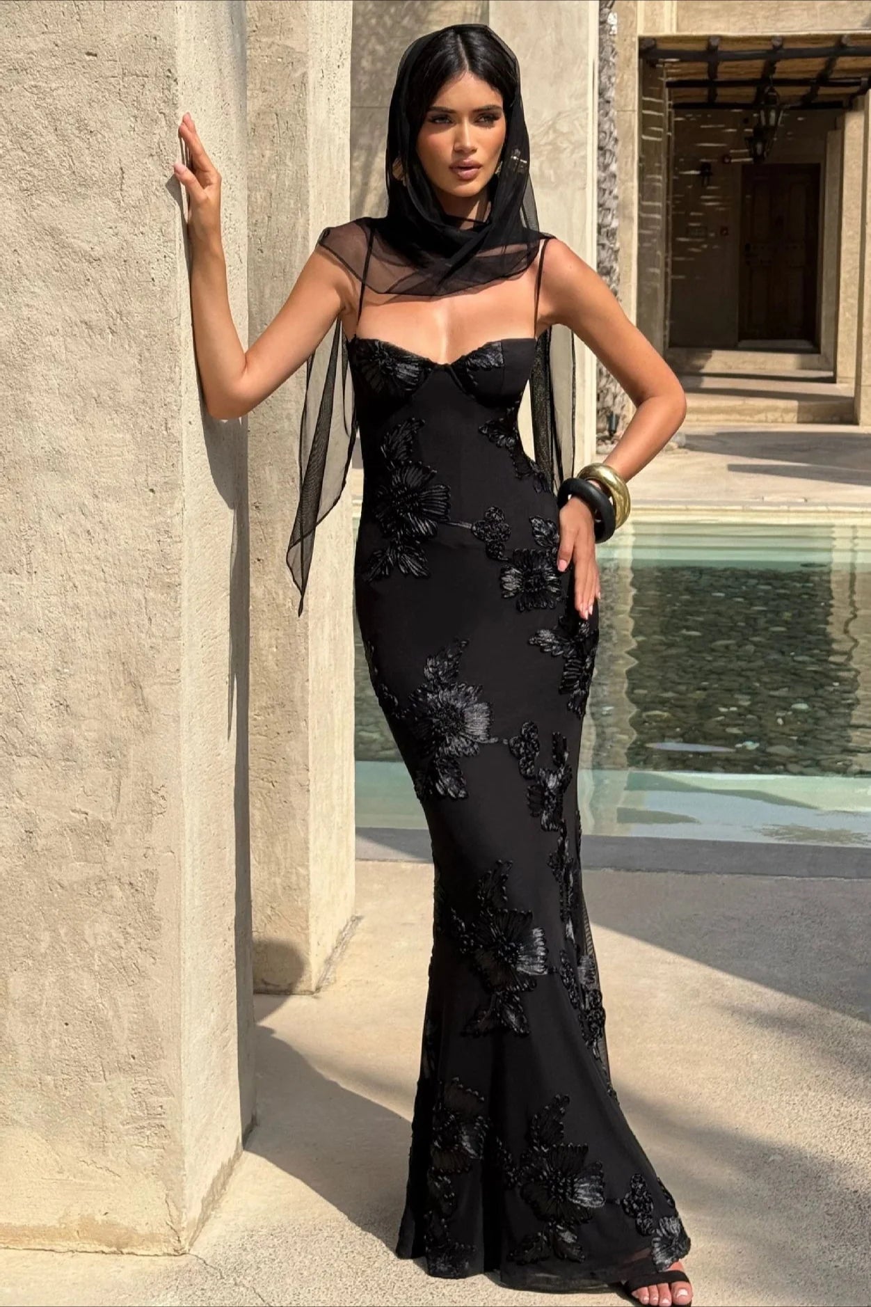 Black Floral Embroidered Spaghetti Strap Lace-Up Back Mermaid Maxi Evening Dresses