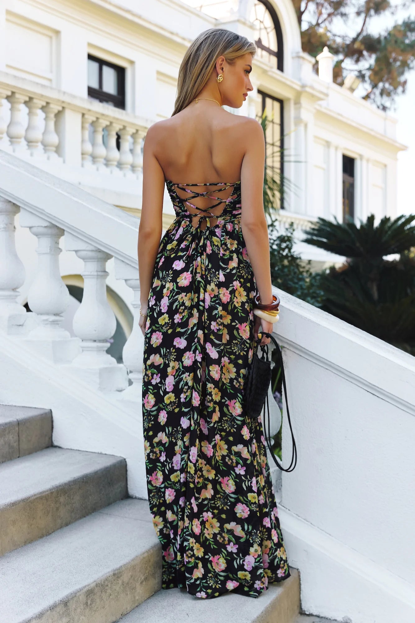Black Floral Print Strapless Twist Front Lace-Up Back Maxi Evening Dresses
