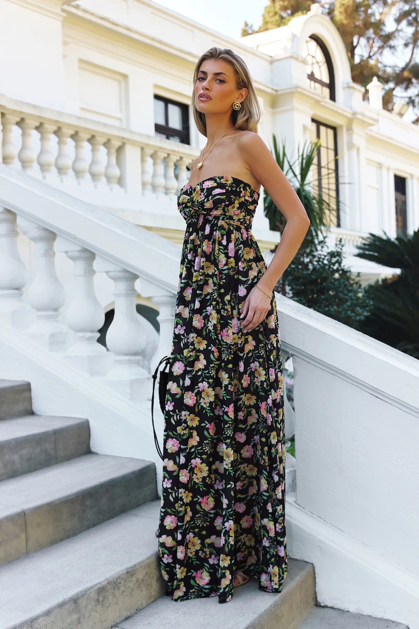Black Floral Print Strapless Twist Front Lace-Up Back Maxi Evening Dresses