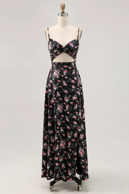 Black Flower Sheath Cut Out Long Printed Wedding Guest Dress
