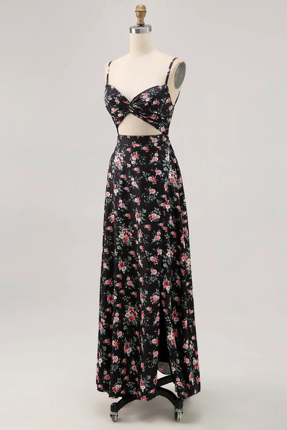 Black Flower Sheath Cut Out Long Printed Wedding Guest Dress