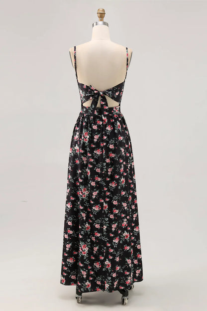 Black Flower Sheath Cut Out Long Printed Wedding Guest Dress