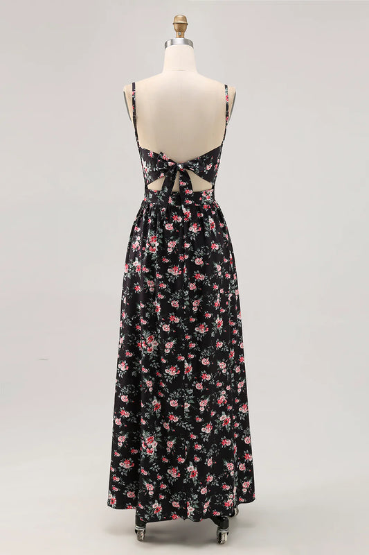 Black Flower Sheath Cut Out Long Printed Wedding Guest Dress