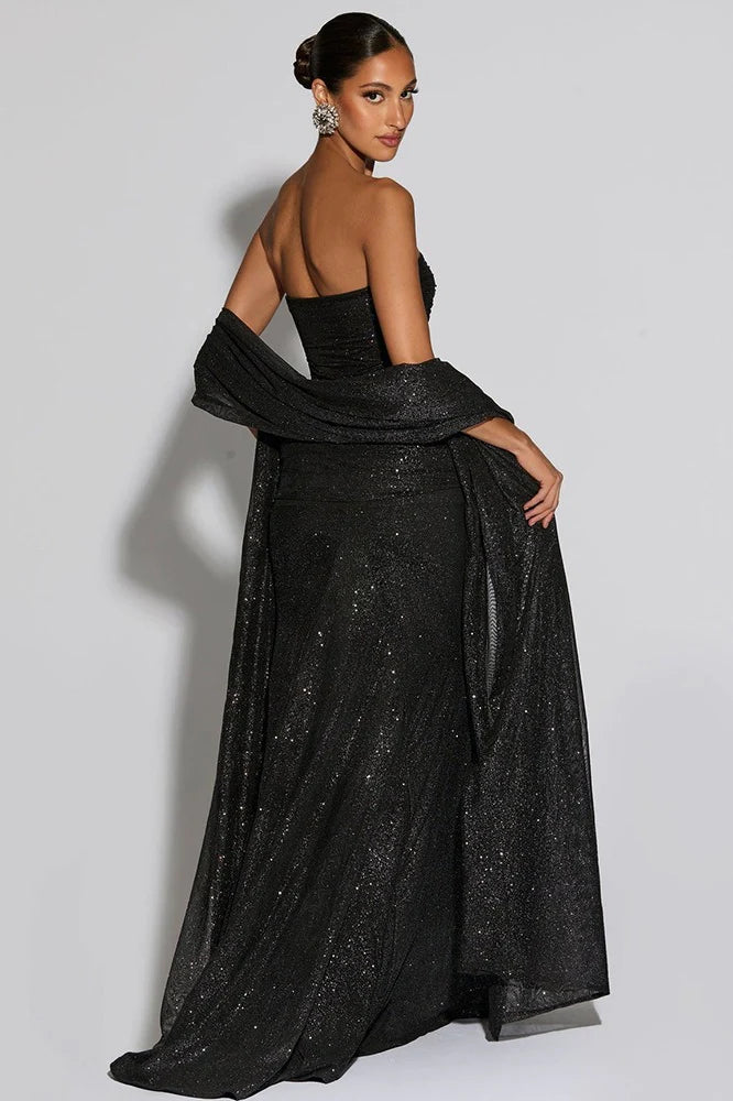 Black Glitter Strapless Mesh Insert Mermaid Maxi Evening Dresses with Shawl