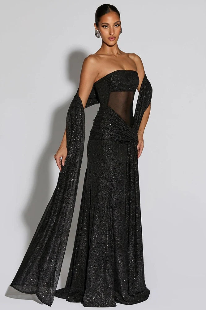 Black Glitter Strapless Mesh Insert Mermaid Maxi Evening Dresses with Shawl