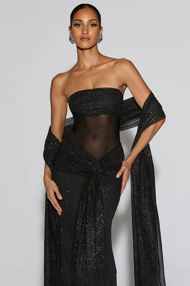 Black Glitter Strapless Mesh Insert Mermaid Maxi Evening Dresses with Shawl
