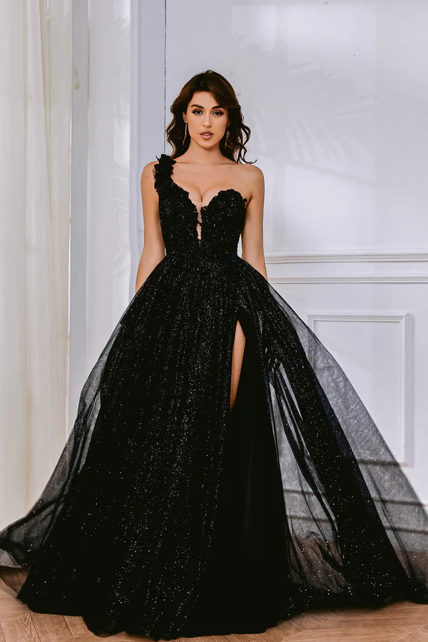Black Glitter Tulle One-Shoulder Lace-Up Back Slit Train Maxi Evening Dresses