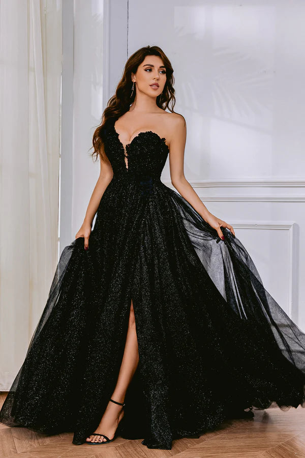 Black Glitter Tulle One-Shoulder Lace-Up Back Slit Train Maxi Evening Dresses