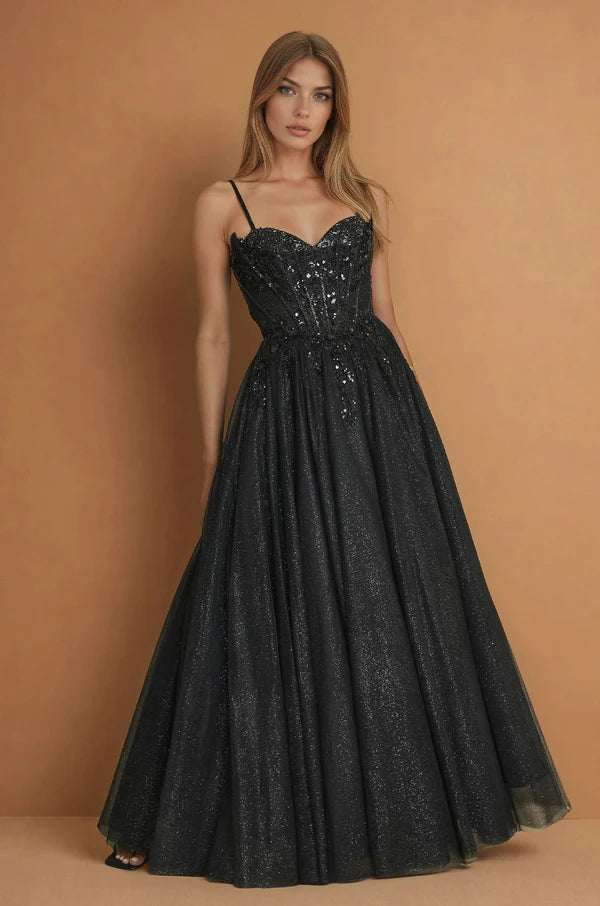 Black Glitter Tulle Sequin Spaghetti Strap A-Line Maxi Evening Dresses