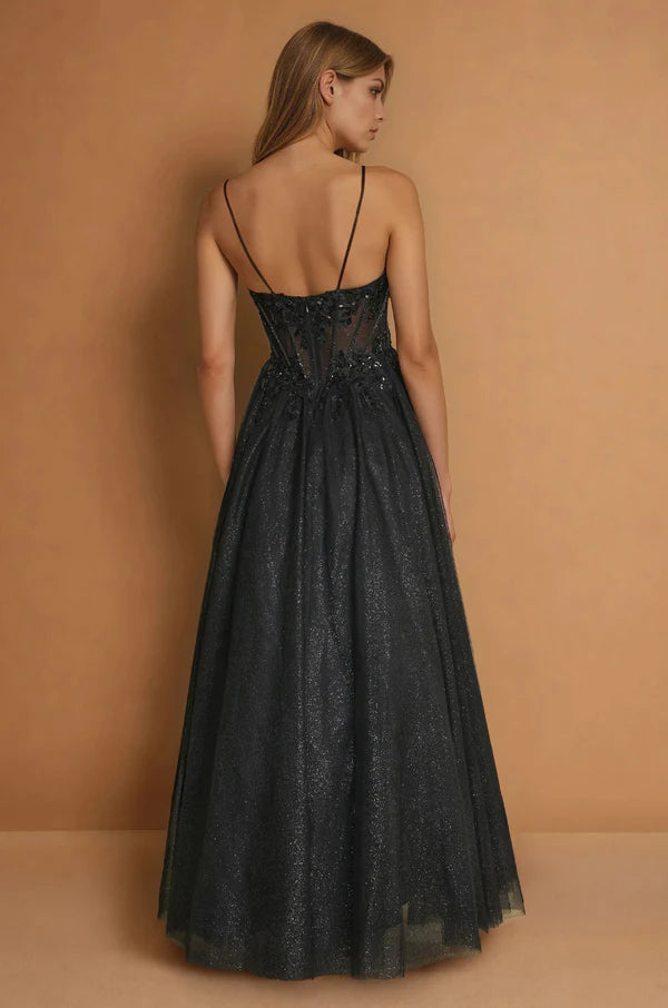 Black Glitter Tulle Sequin Spaghetti Strap A-Line Maxi Evening Dresses