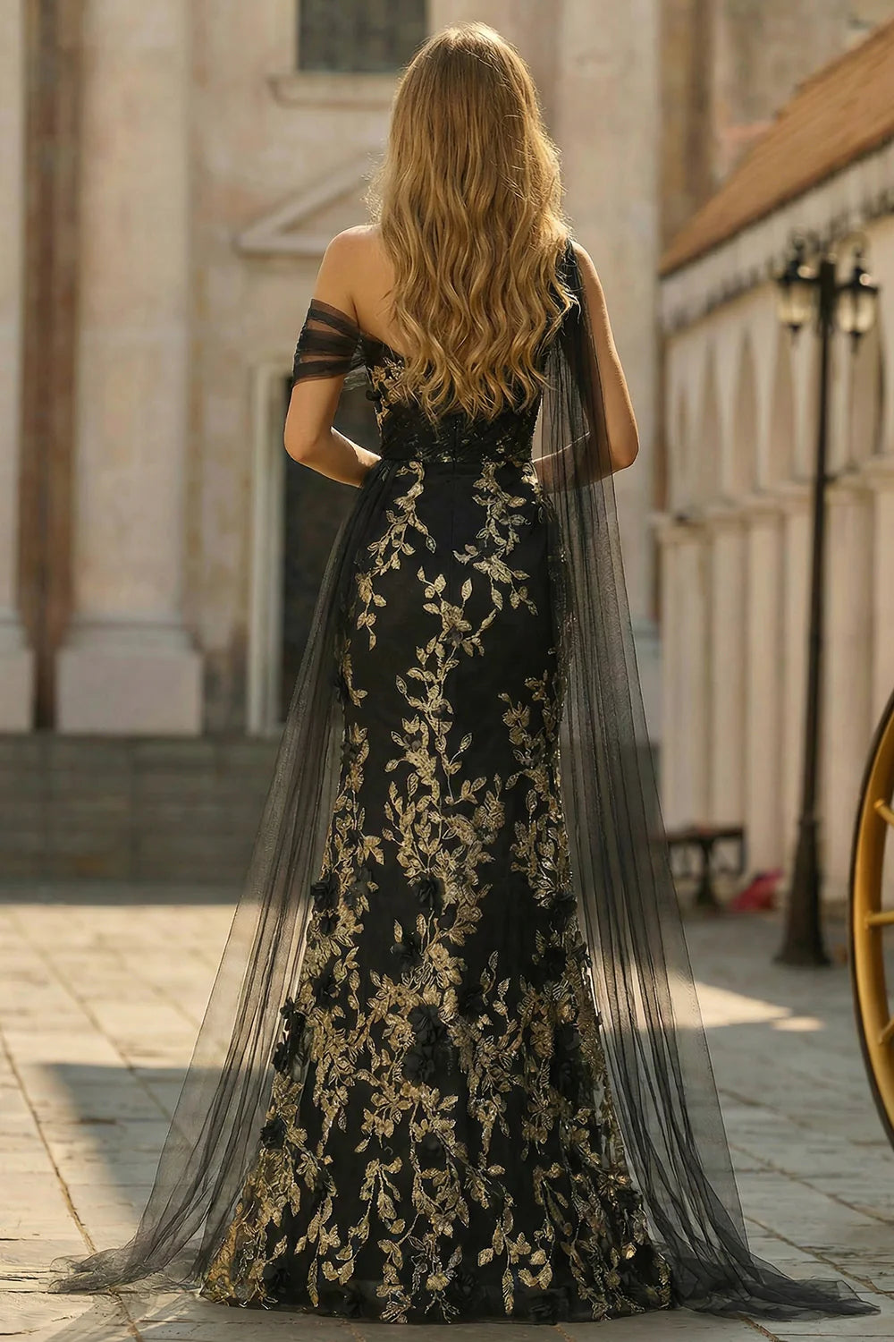 Black Gold Floral One Shoulder Mermaid Evening Dresses