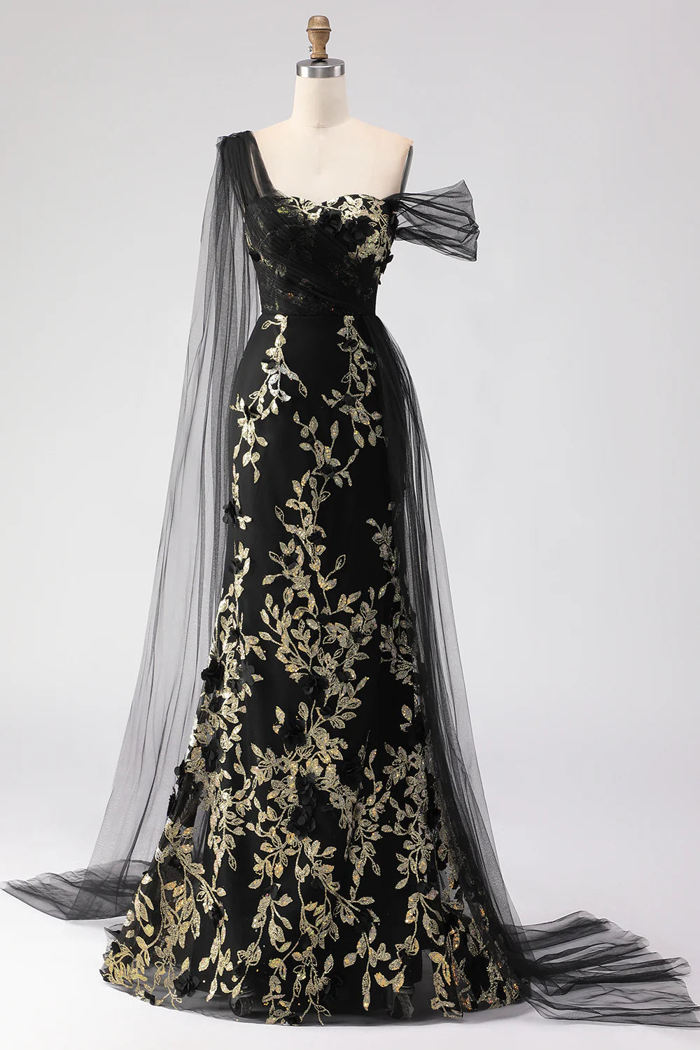 Black Gold Floral One Shoulder Mermaid Evening Dresses