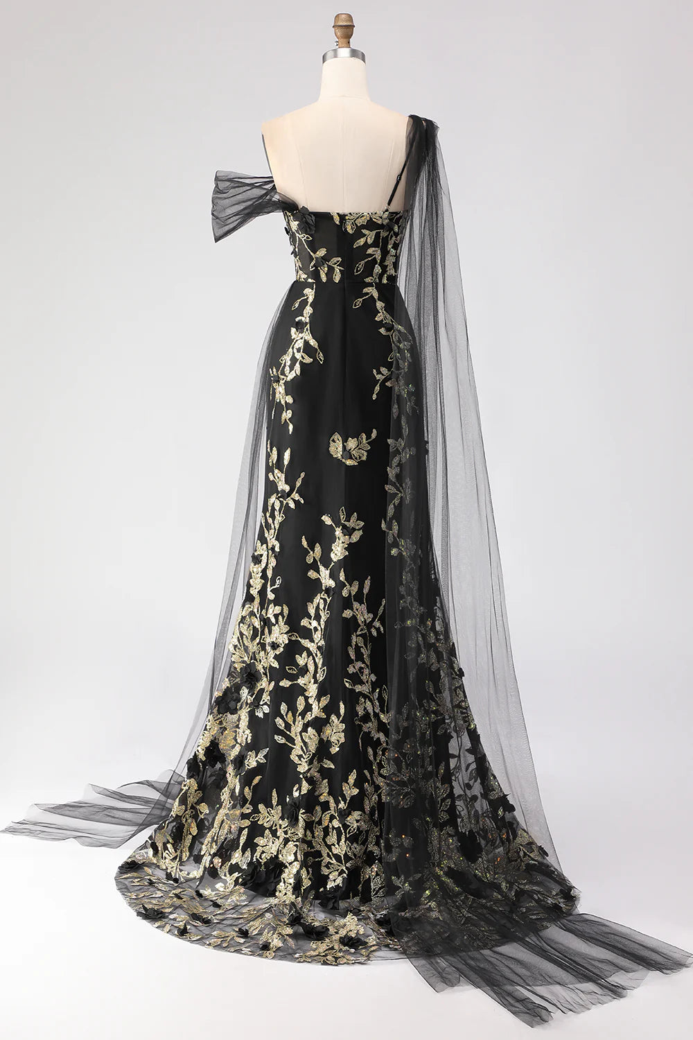 Black Gold Floral One Shoulder Mermaid Evening Dresses
