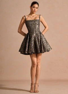 Black Gold Jacquard Square Neck Sleeveless A-Line Mini Evening Dresses