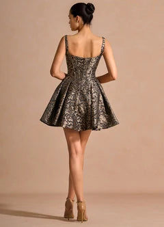Black Gold Jacquard Square Neck Sleeveless A-Line Mini Evening Dresses