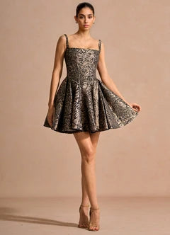 Black Gold Jacquard Square Neck Sleeveless A-Line Mini Evening Dresses