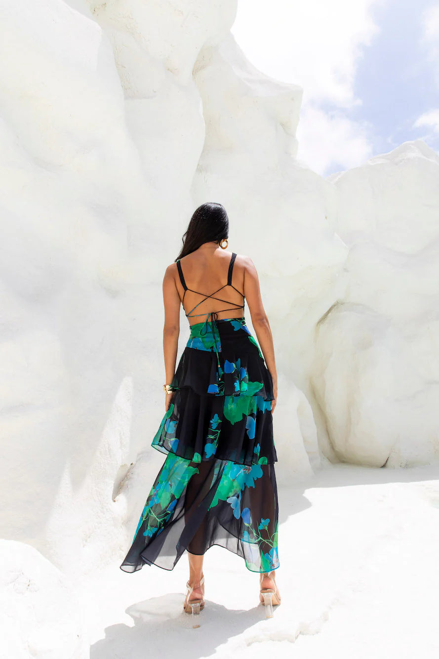 Black Green Floral V-Neck Ruffle Tiered Maxi Evening Dresses