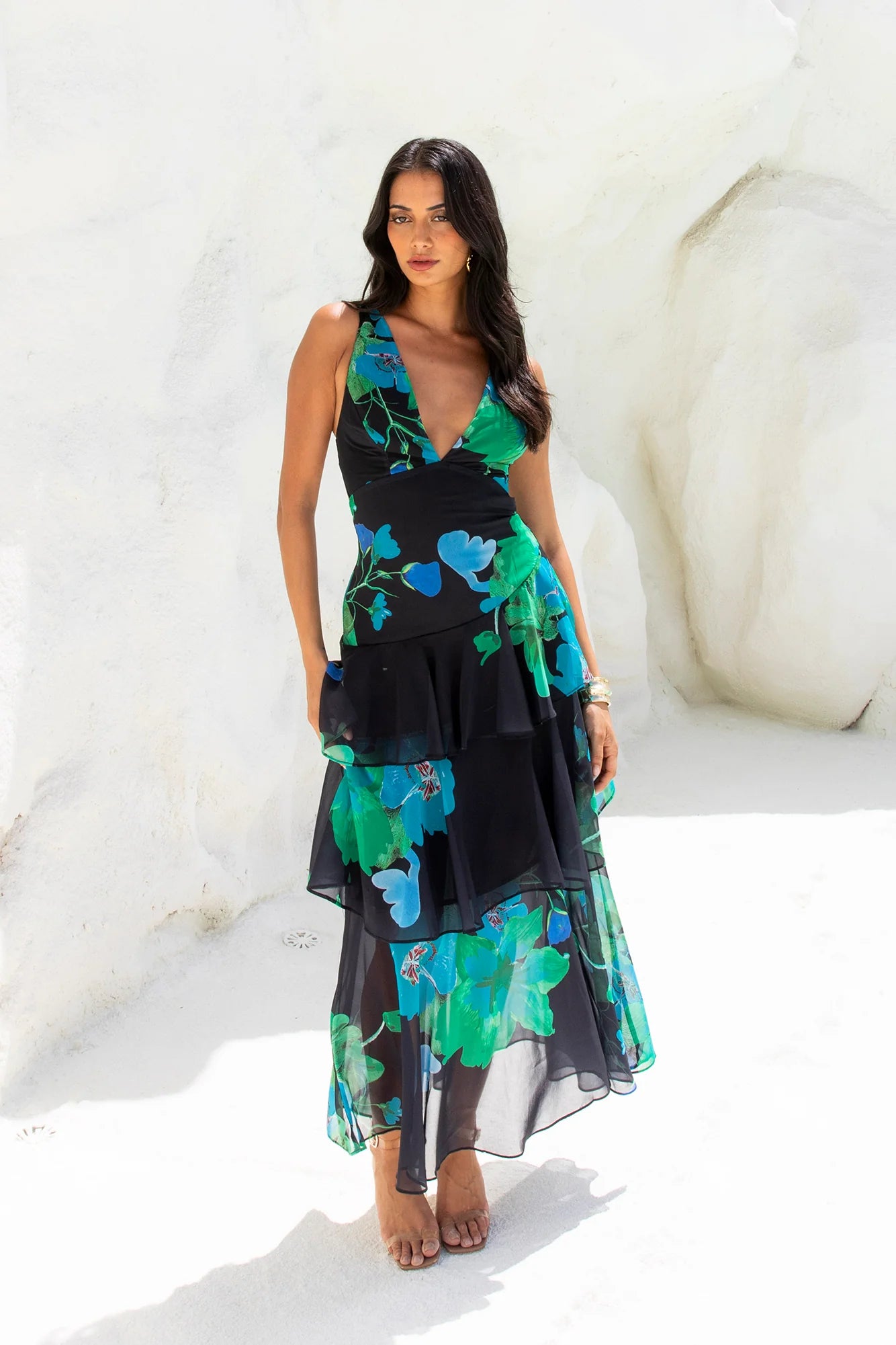 Black Green Floral V-Neck Ruffle Tiered Maxi Evening Dresses