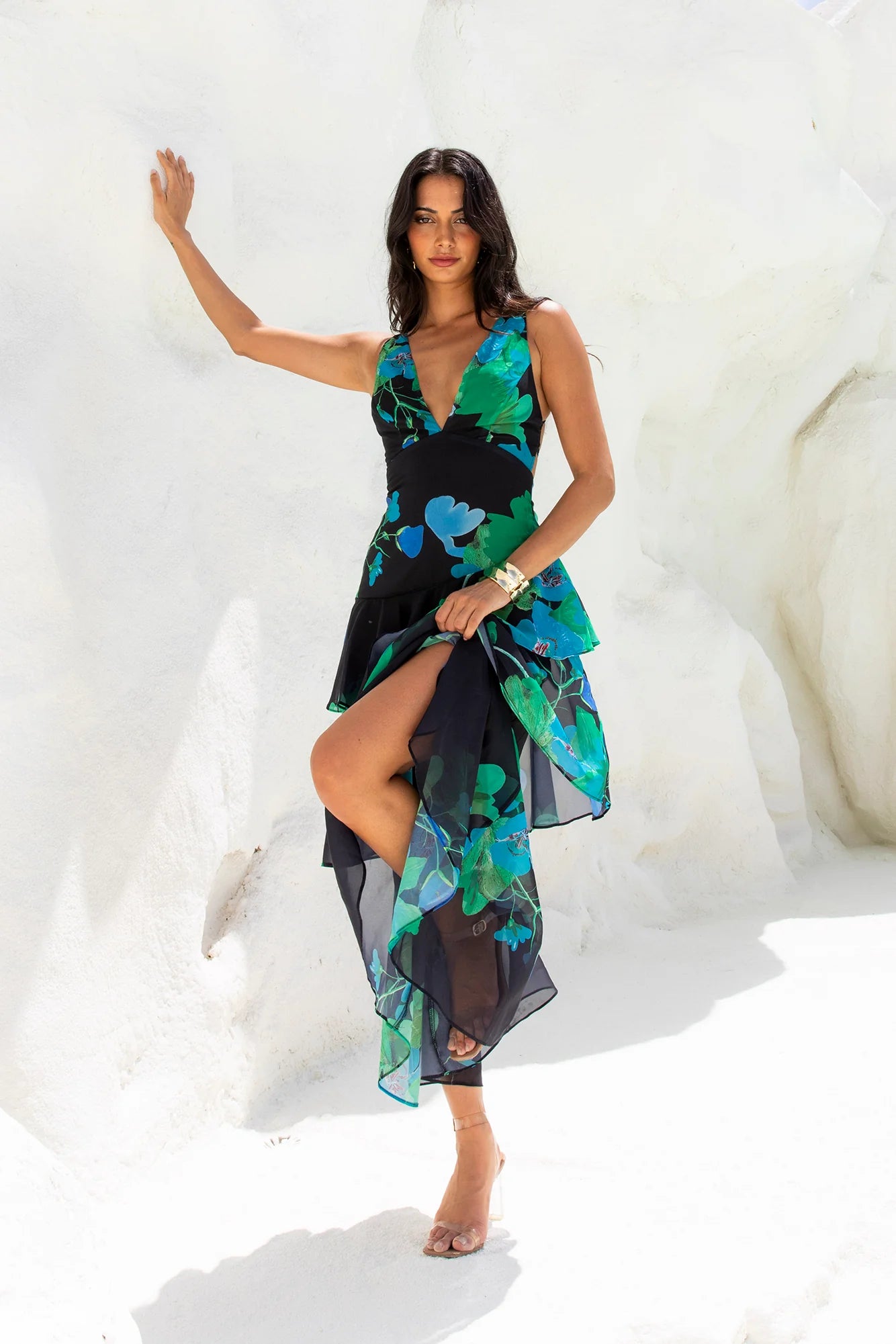 Black Green Floral V-Neck Ruffle Tiered Maxi Evening Dresses