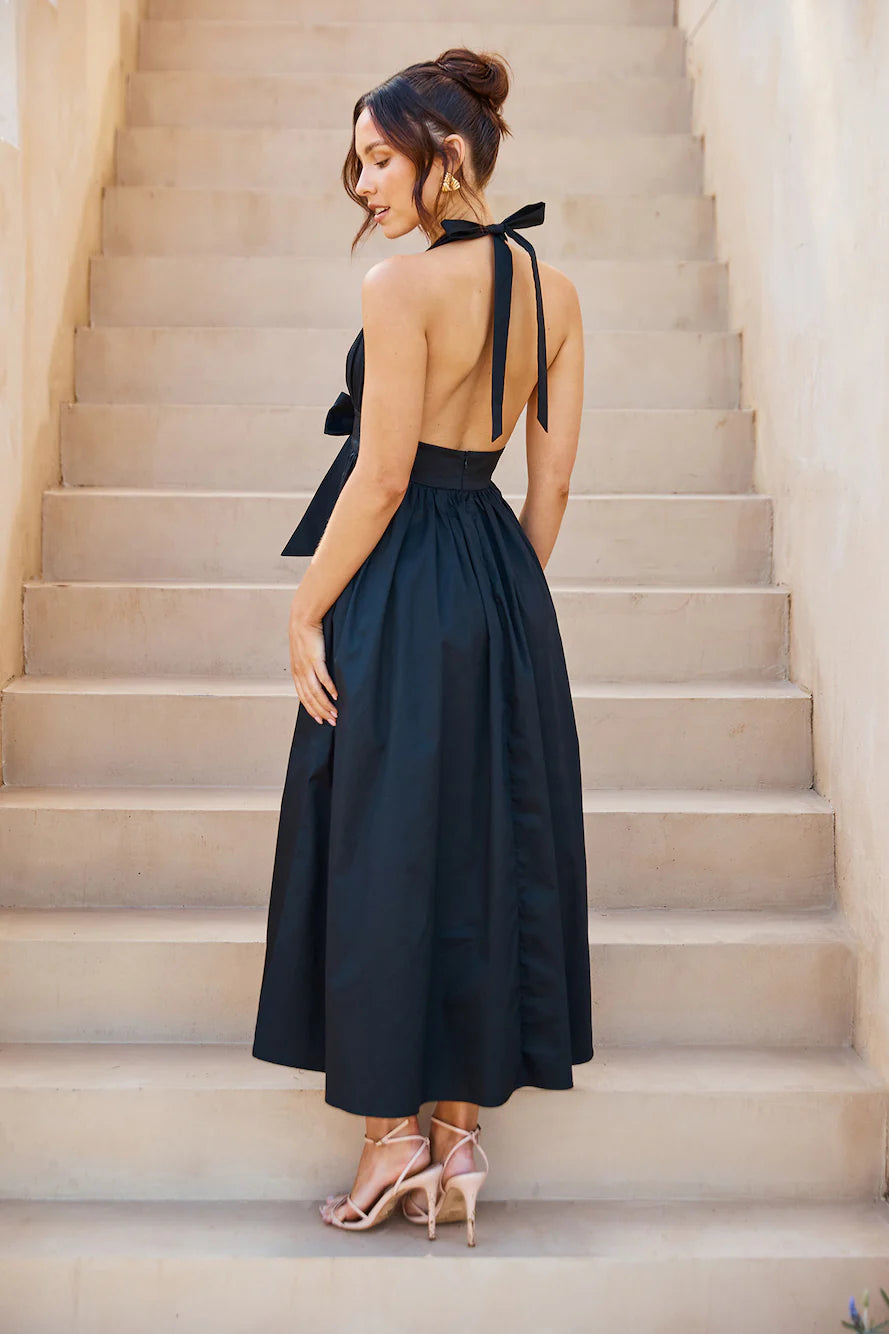 Black Halter Bow Front Pocket Midi Evening Dresses