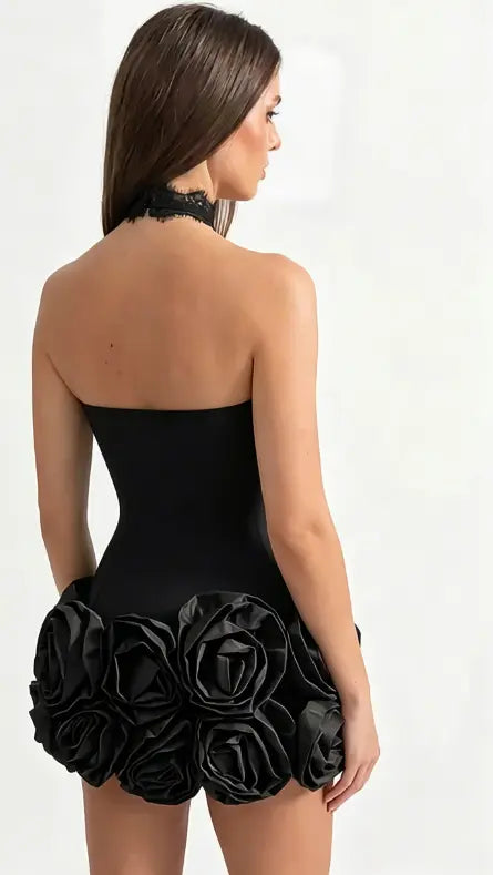 Black Halter Corset 3D Rose Homecoming Dresses