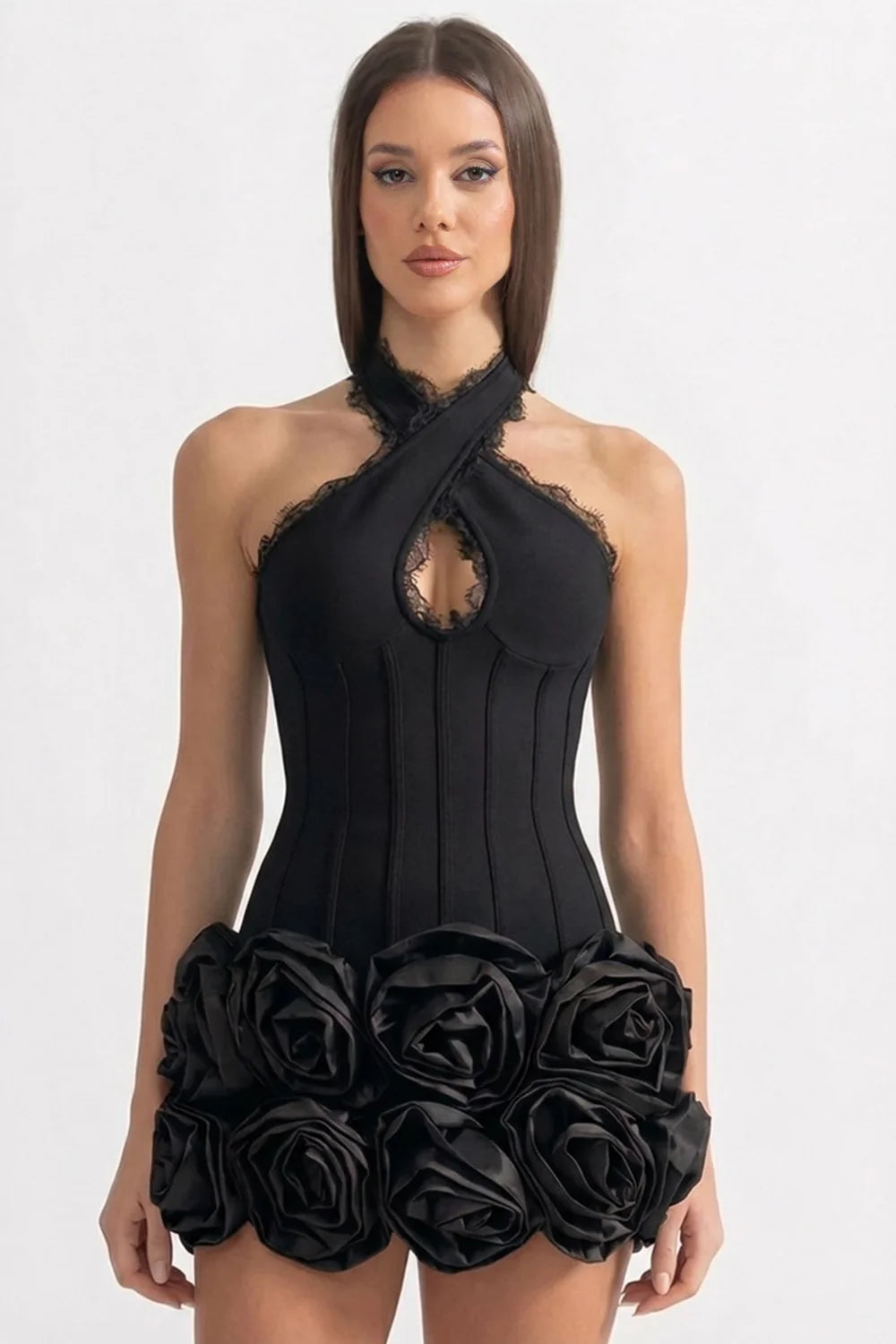 Black Halter Corset 3D Rose Homecoming Dresses