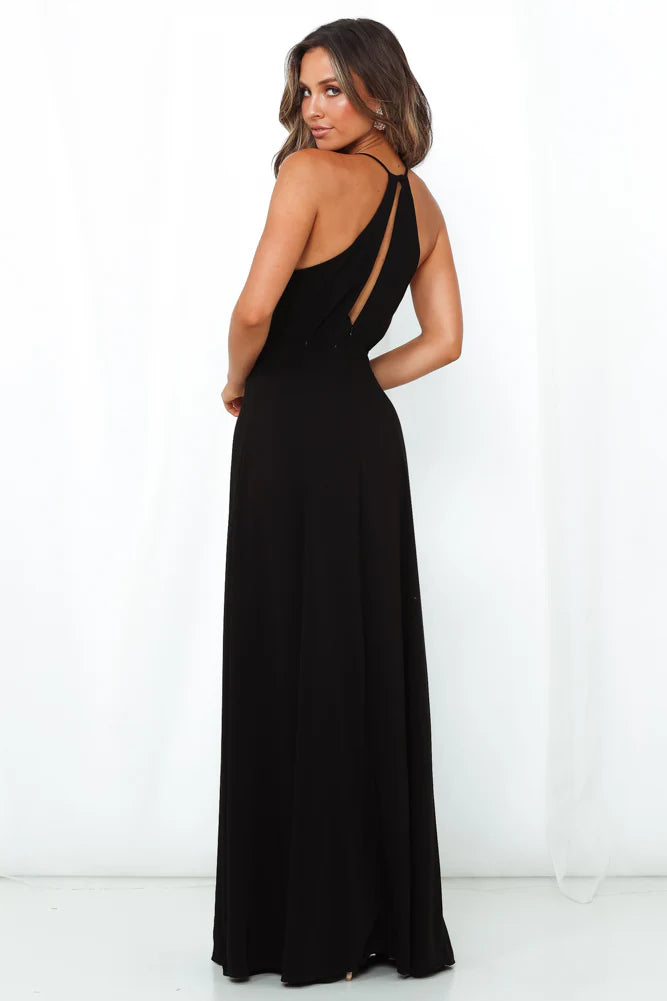 Black Halter Neck Backless Slit Maxi Evening Dresses